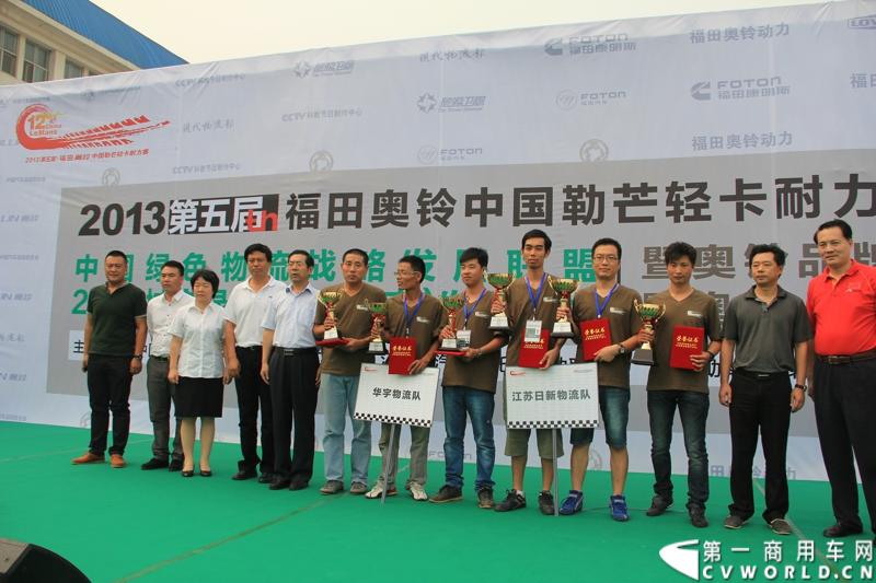 9月15日，2013（第五届）福田奥铃中国勒芒轻卡耐力赛北部大区决赛在济南正式开赛，本站活动延续了东南、中西部大区的创新赛制，以大型物流公司为单位组队参赛，进一步扩大赛事影响力。图为获胜选手与领导合影.