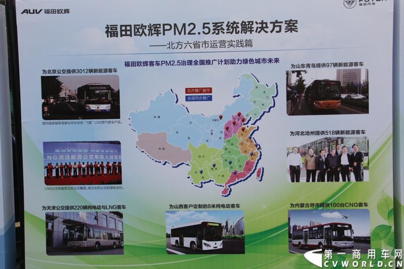 12月7日，以“绿色交通 畅享心呼吸”为主题的福田欧辉北方六省市PM2.5系统解决方案山东绿色体验之旅在“风筝之都”潍坊隆重举行。会上，欧辉客车不仅推出了PM2.5系统解决方案，更以直观体验的形式，向嘉宾展示了欧辉零PM2.5排放、低PM2.5排放系列客车在行业内的领先优势。图为福田欧辉客车技术负责人为客户现场讲解欧辉客车的发展历史和产品系列。