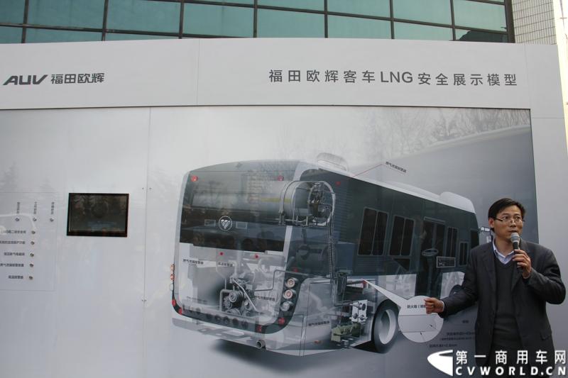12月7日，以“绿色交通 畅享心呼吸”为主题的福田欧辉北方六省市PM2.5系统解决方案山东绿色体验之旅在“风筝之都”潍坊隆重举行。会上，欧辉客车不仅推出了PM2.5系统解决方案，更以直观体验的形式，向嘉宾展示了欧辉零PM2.5排放、低PM2.5排放系列客车在行业内的领先优势。图为福田欧辉客车LNG安全展示模型。