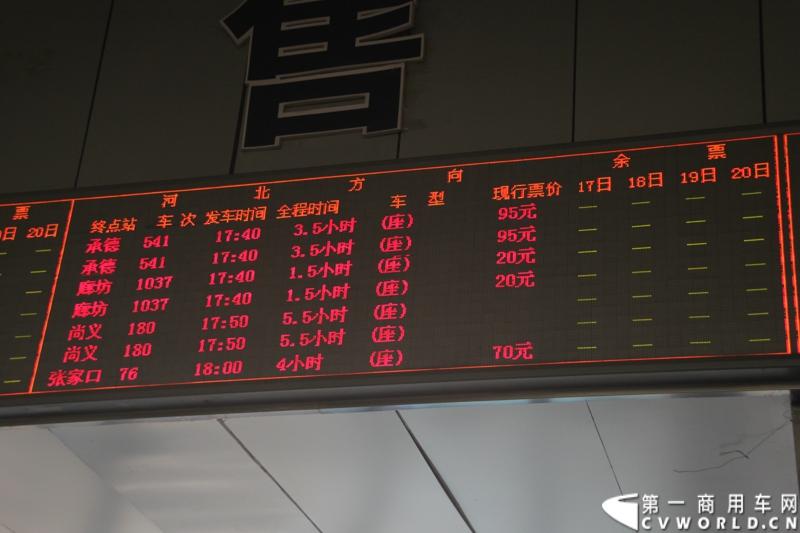 六里桥长途客运站以省际长途客运为主，客运班线165条，每日发车1500多班，班线以夕发朝至、朝发夕至和高密度发车为特点。春运一开始，六里桥客运站便进入高密度发车期，很多班线的车票提前几天便已售完。图中的绿色横岗代表车票已售完。