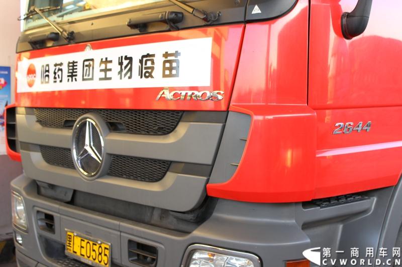 3月9日凌晨6点半，哈药集团生物疫苗有限公司运往拉萨市的禽流感疫苗顺利进入河北省境内。在山海关服务区稍作休整后，奔驰卡车继续南下。图为晨光中的奔驰卡车。