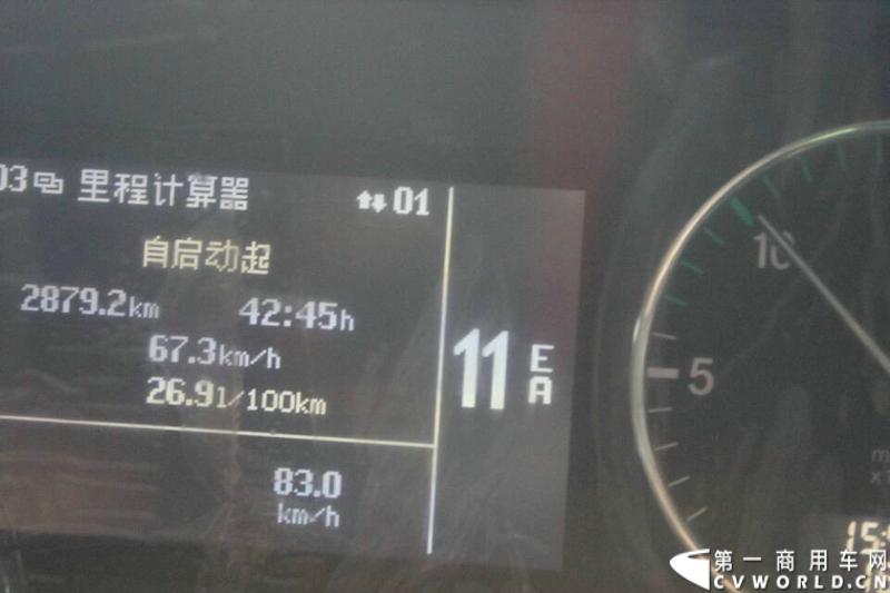 载着爱心疫苗梅赛德斯-奔驰卡车一路奔驰，司机石忠宝和王战利师傅轮流驾驶，车辆不分昼夜，日夜兼程。据仪表盘显示，目前百公里油耗为26.9升。