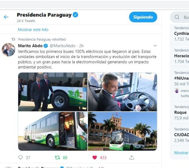 2019年11月25日，在巴拉圭亚松森政府和代理TIMBO积极筹办下，中通纯电动客车推介会在亚松森总统府前隆重举行。巴拉圭国家总统Marito，交通部部长、巴拉圭国家交通协会主席等领导出席了此次推介会。而这也意味着首批中通纯电动公交车将开始服务于巴拉圭首都亚松森市。