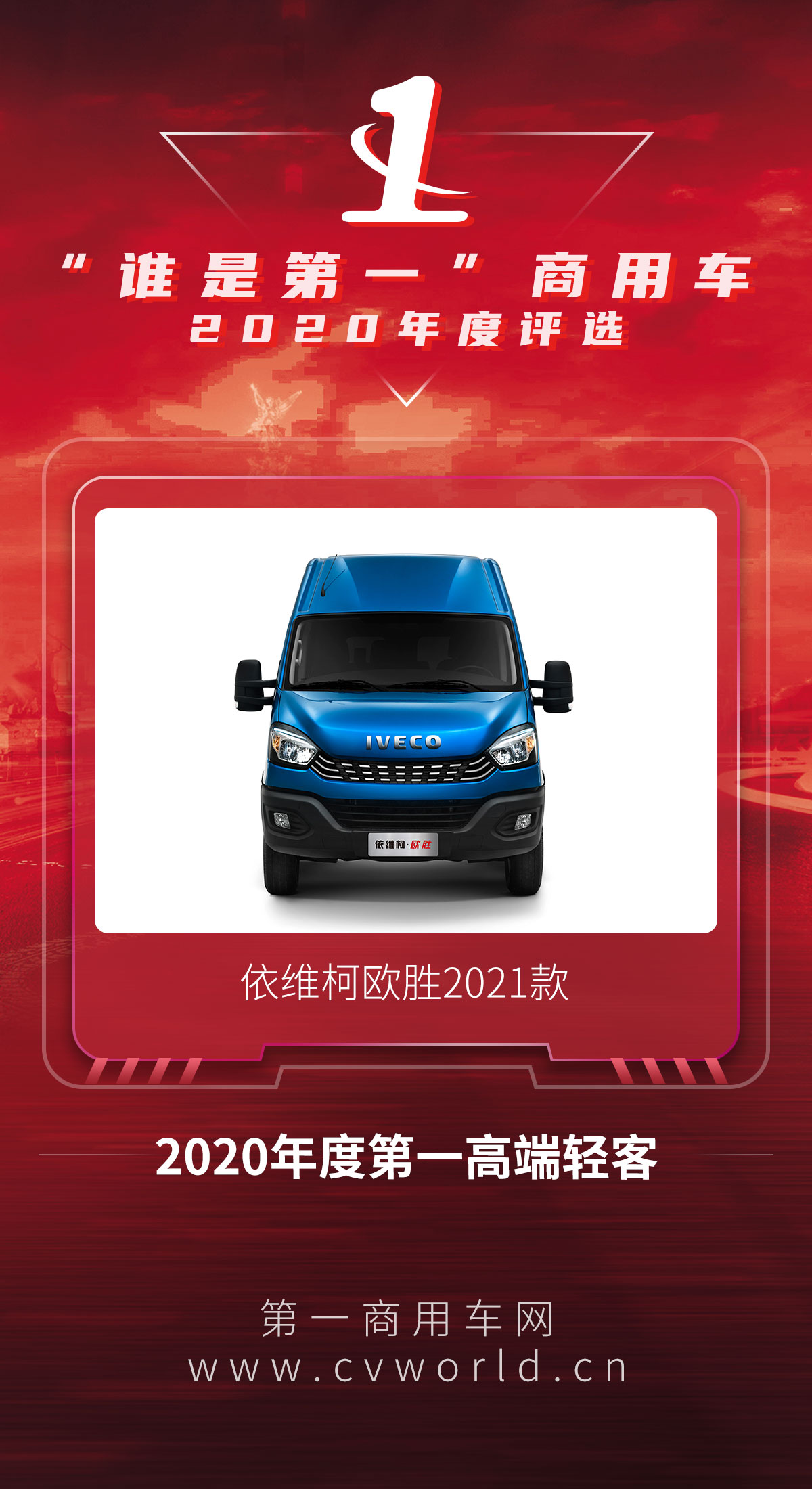 【第一商用车网 原创】11月25日，依维柯欧胜凭借过硬的产品品质，在北京举行的2020（第五届）“谁是第一”商用车年度评选总决赛暨颁奖典礼上，夺得“2020年度第一高端轻客”殊荣。
